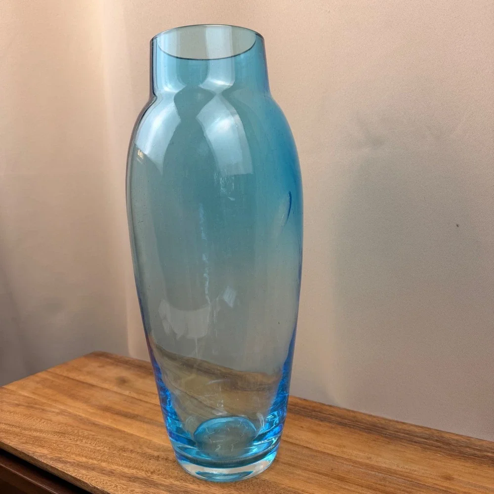 Vintage Hand Blown Turquoise Blue Glass Vase Mid Century Modern Decor 12 Inch